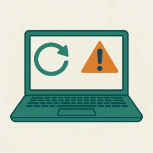 Laptop met circulair logo en waarschuwingsteken