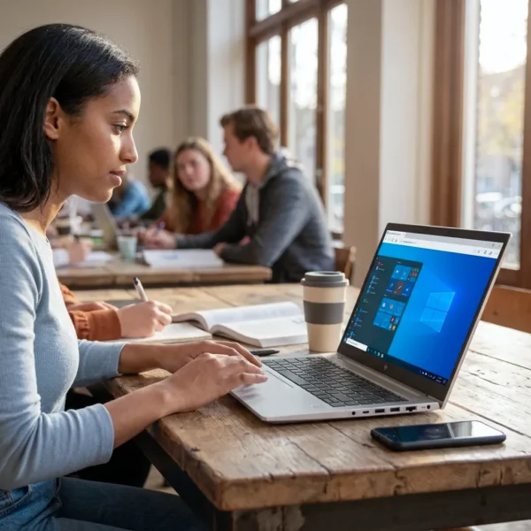 Een vrouw gebruikt de HP EliteBook 840 G8 Laptop in een café