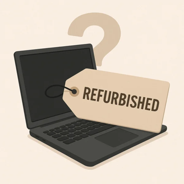 Refurbished laptop met vraagteken