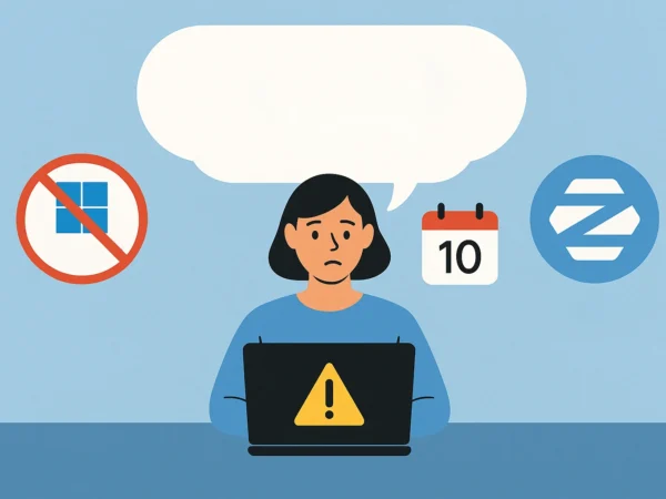 Vrouw die vertwijfeld achter de computer zit