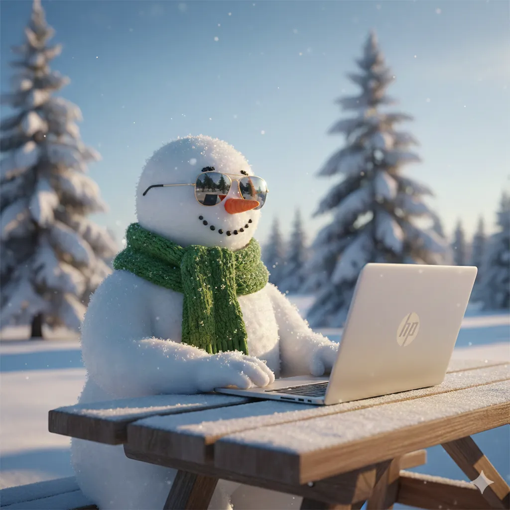 Sneeuwpop met laptop in de zon