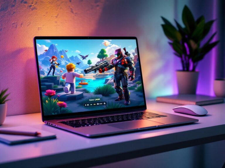 Laptop met gameplay van Fortnite: personages bouwen en vechten in een kleurrijke wereld